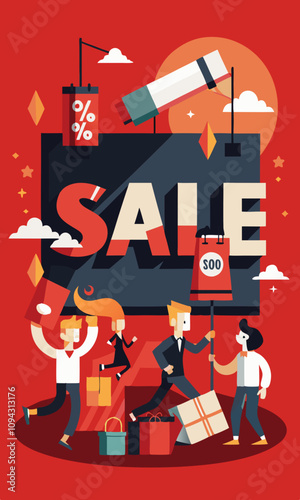 Gigantic 'SALE' sign in shopping frenzy scene with characters pointing, taking photos, and rushing for Black Friday discounts and deal