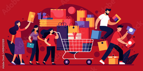 Massive shopping cart overflowing with products, filled with shoppers pushing and loading items. Black Friday shopping frenzy, retail success in modern retail space