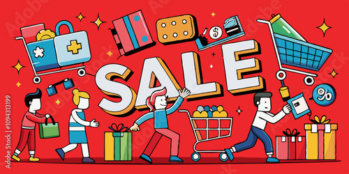Gigantic 'SALE' sign in shopping frenzy scene with characters pointing, taking photos, and rushing for Black Friday discounts and deal