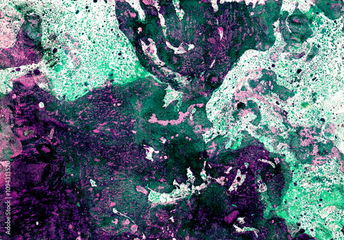 Abstract texture background. Chaotic spots, dots, textures. Marble effects, blur. Different shades of green, turquoise, purple, black and white colors that are combined with each other. photo