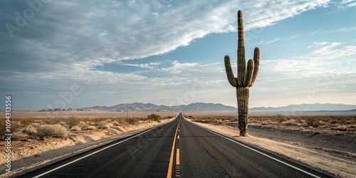 A lone cactus stands sentinel on the desert highway, , desolate landscape