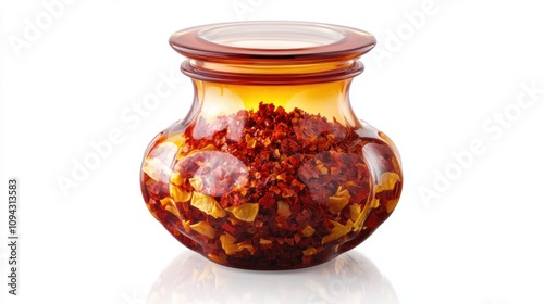 A glass jar filled with red chili flakes, ideal for seasoning dishes.