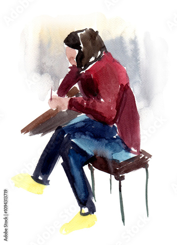 Watercolor abstract sketch of girl in profile. Sitting on chair. Legs are crossed. Holding something in her hands, writing. Magenta sweater, blue pants. Watercolor blur. Isolated on white background. photo