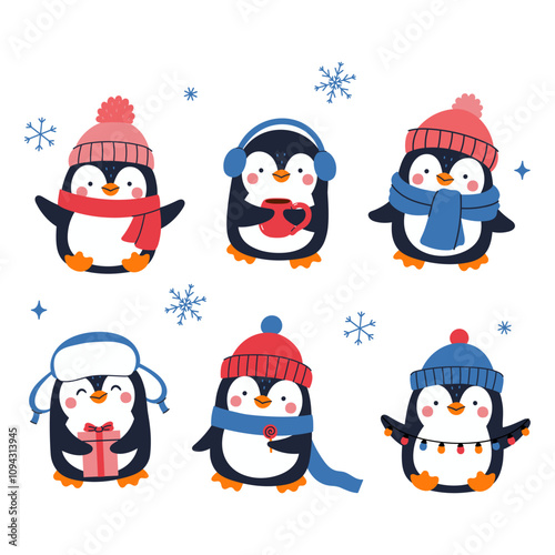 Set of cute penguins in winter clothes. Vector graphics.
