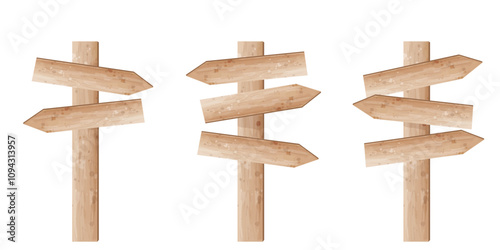 Set of wooden pole direction sign for travel. Vector watercolor illustration of signpost. Copy space.