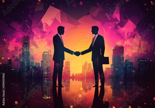 Successful Business Deal Handshake Between Two Professionals in Geometric Style Sunset Cityscape photo