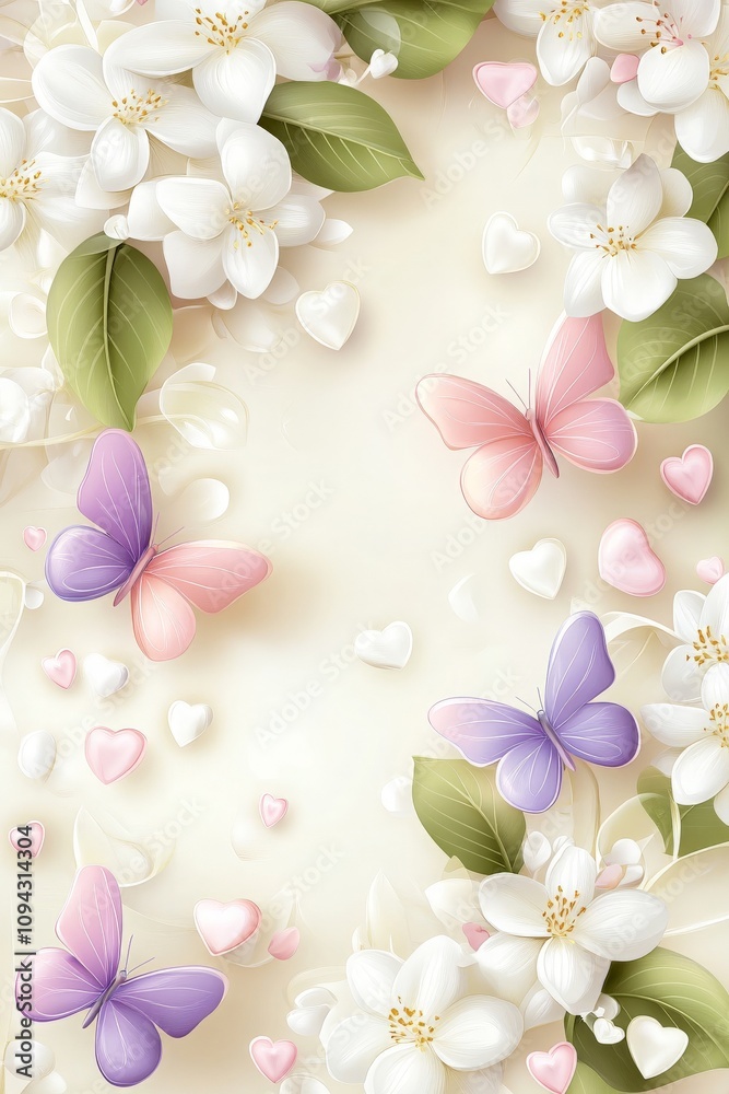 Obraz premium Romantic Spring Floral Background with Butterflies and Hearts