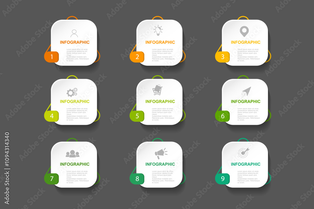 infographic elements template, business concept with 9 steps, white rectangle  with colorful label design for workflow layout, diagram, annual report, web design. Creative banner,  vector