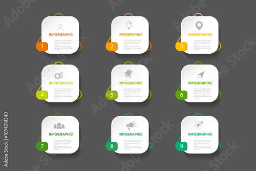 infographic elements template, business concept with 9 steps, white rectangle  with colorful label design for workflow layout, diagram, annual report, web design. Creative banner,  vector