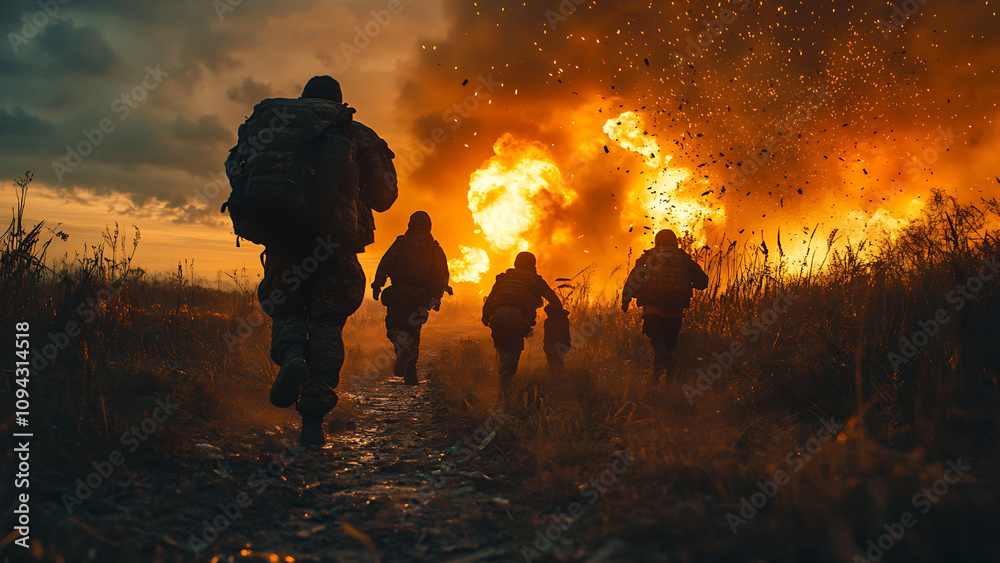 Fototapeta premium Silhouettes of soldiers walking through the fields, a large orange explosion in front of them.