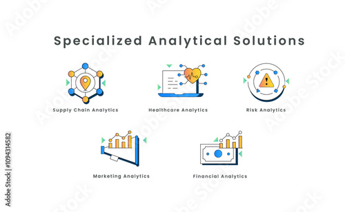 Specialized Analytical Solutions: A Visual Guide to Key Areas. Specialized analytics, supply chain analytics, healthcare analytics, risk analytics, marketing analytics.