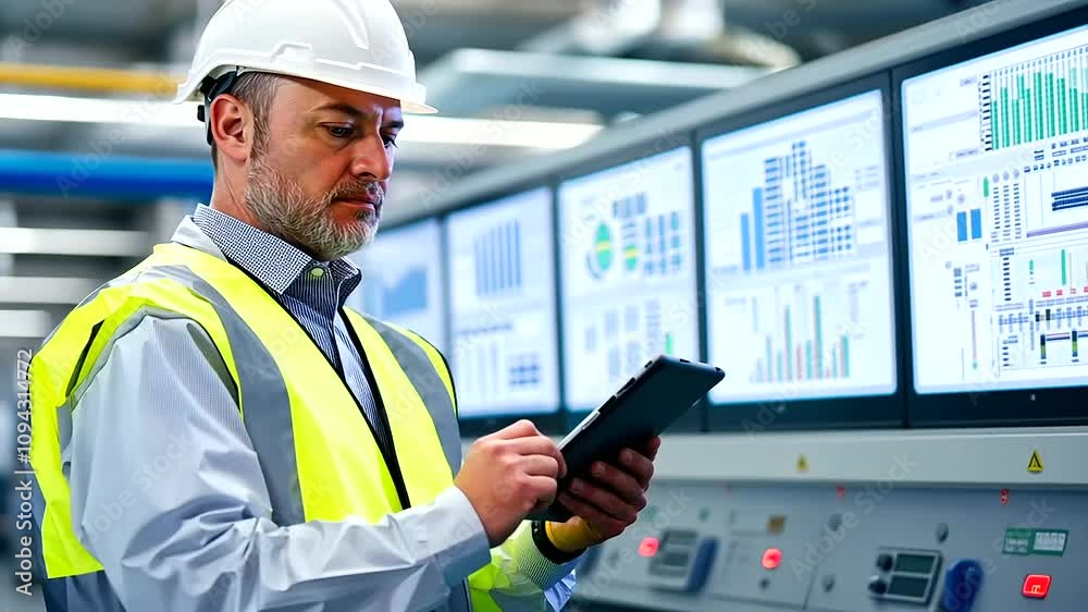 Male Engineer Analyzing Data in Control Room with SCADA Monitors Male Engineer Analyzing Data in Control Room with SCADA Monitors