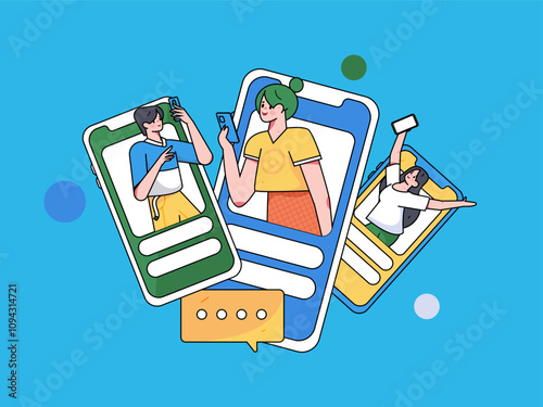 Virtual characters social communication concept business flat vector hand drawn illustration
