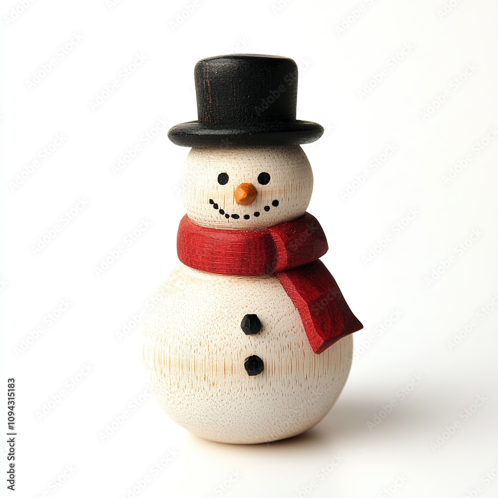 Wooden snowman ornament with a red scarf and black hat, standing on a clean white background, ideal for Christmas decoration and holiday themes. Wooden snowman ornament with a red scarf and black hat, standing on a clean white background, ideal for Christmas decoration and holiday themes.