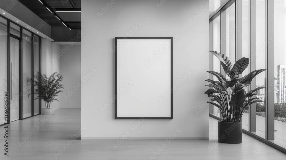 A minimalist interior with a blank frame and potted plants, suggesting space for creativity.
