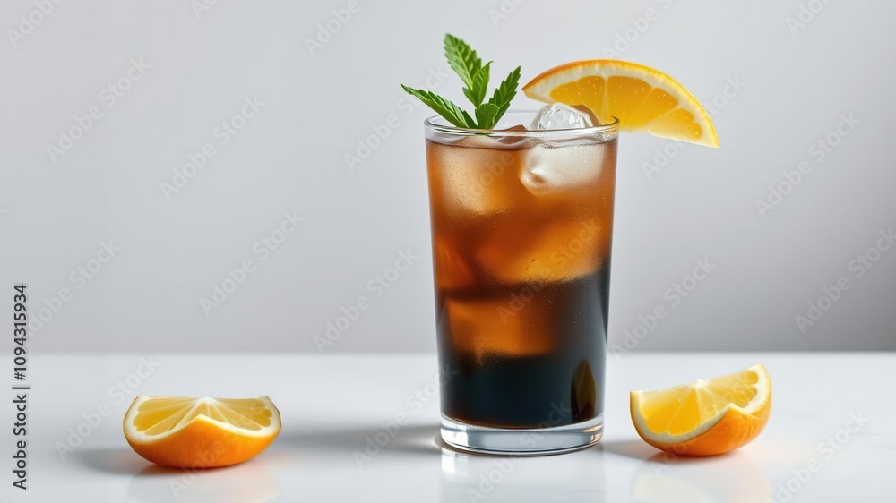 Low-angle shot of a dark n stormy cocktail on a white surface, dark n stormy, nightcap Low-angle shot of a dark n stormy cocktail on a white surface, dark n stormy, nightcap