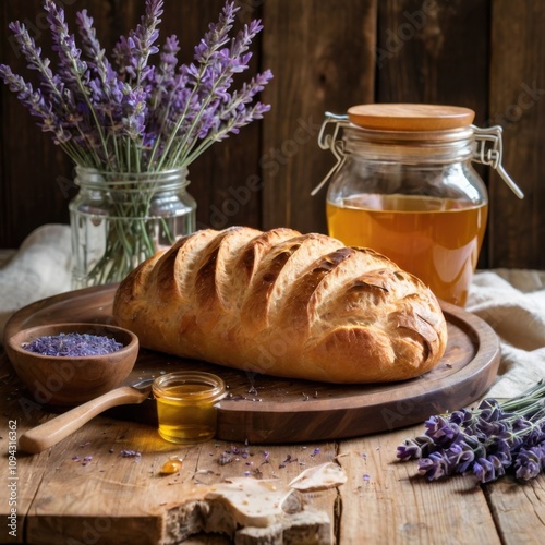 Country breakfast, fresh bread, honey and lavender