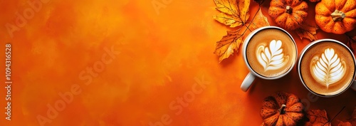 Autumn-themed coffee banner with latte art and pumpkins on an orange background