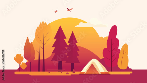 Camping Tent in Forest with Pine Trees and Big Sun in Autumn Fall Season