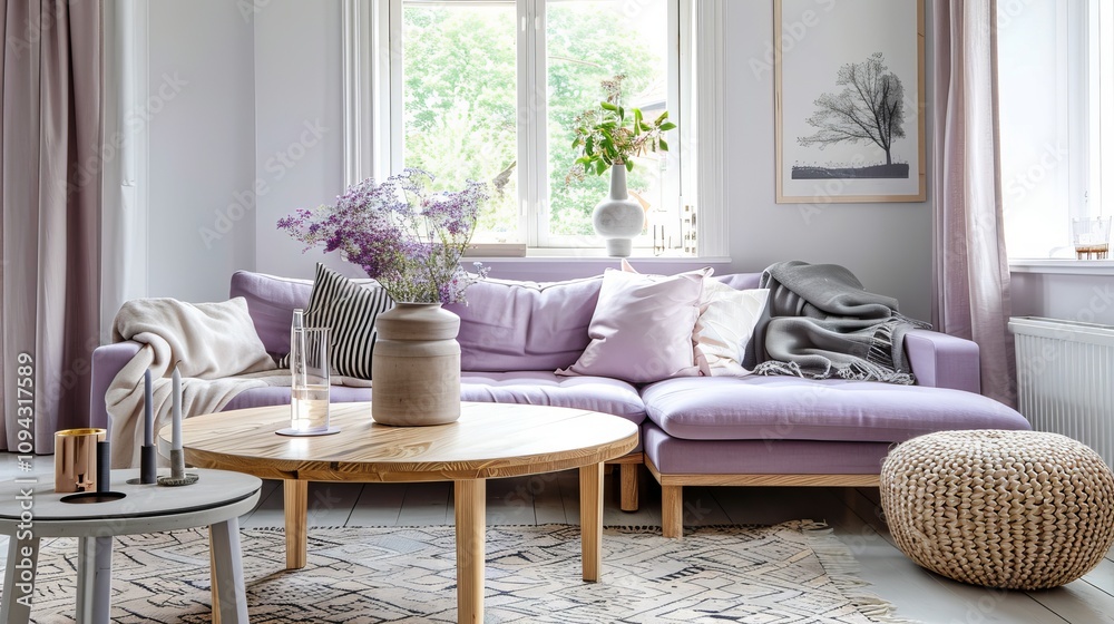 Fototapeta premium Stylish living room with a lavender sofa and chic decor elements.