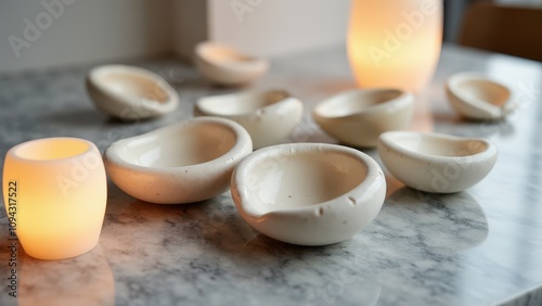 A collection of glossy cowrie shells on a textured marble surface, with soft ambient lighting highlighting their smooth curves and natural patterns for a minimalist aesthetic.