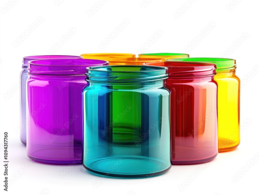 A collection of colorful glass jars arranged in a visually appealing manner. A collection of colorful glass jars arranged in a visually appealing manner.