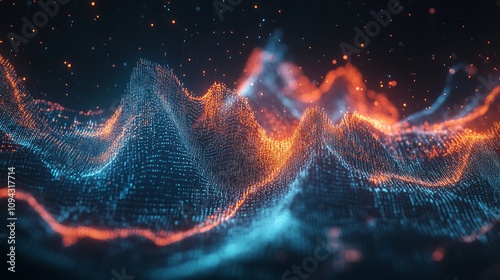 Abstract digital landscape with glowing orange and blue particles forming wavy mountains.