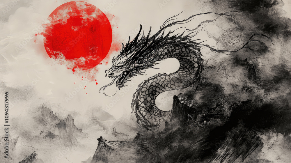 Japanese dragon, traditional style, legend, red sun, tattoo design, ink painting Japanese dragon, traditional style, legend, red sun, tattoo design, ink painting