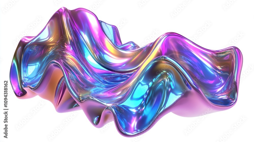 Abstract iridescent liquid, metallic, wavy, flowing, colorful, vibrant, 3D render.