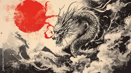 Japanese dragon, traditional style, legend, red sun, tattoo design, ink painting
