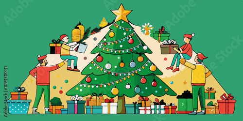 Enorme árbol festivo adornado con luces, adornos y una estrella, con gente decorando y envolviendo regalos, creando un ambiente festivo.