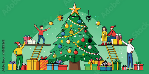 Enorme árbol festivo adornado con luces, adornos y una estrella, con gente decorando y envolviendo regalos, creando un ambiente festivo.