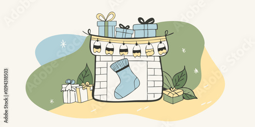 Minimalist Line Art Of Massive Festive stocking hanging from a fireplace, characters filling it with gifts, decorating with festive patterns.
