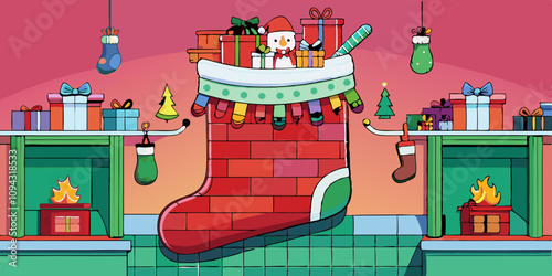 Enorme calcetín festivo colgado de una chimenea, personajes llenándolo de regalos y decorándolo con motivos festivos. Vibraciones de temporada navideña con fondo de rojo pastel a verde