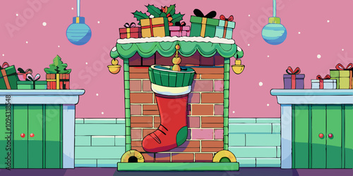 Massive festive stocking hanging from a fireplace, characters filling it with gifts, decorating with festive patterns. Holiday season vibes with pastel red to green background