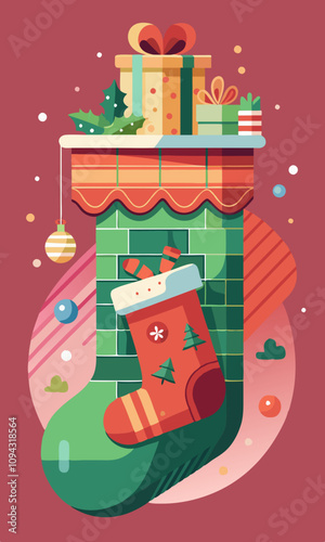 Massive festive stocking hanging from a fireplace, characters filling it with gifts, decorating with festive patterns. Holiday season vibes with pastel red to green background