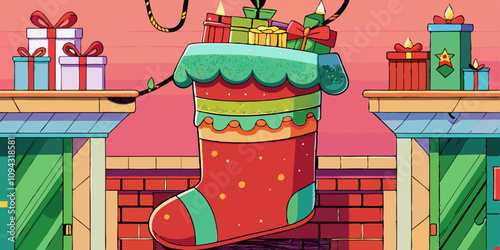 Massive festive stocking hanging from a fireplace, characters filling it with gifts, decorating with festive patterns. Holiday season vibes with pastel red to green background