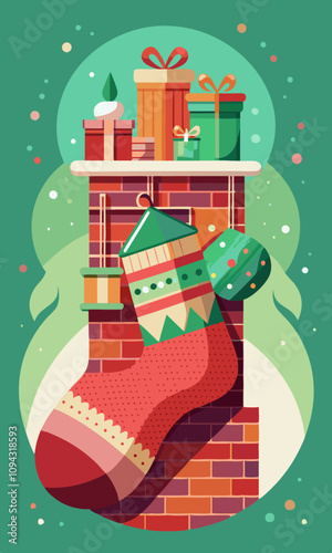 Massive festive stocking hanging from a fireplace, characters filling it with gifts, decorating with festive patterns. Holiday season vibes with pastel red to green background