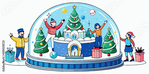 Giant snow globe scene with people decorating and shaking it, creating festive holiday magic. People peering inside the giant snow globe, experiencing the spirit of festive in a winter setting