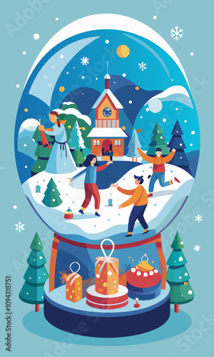 Giant snow globe scene with people decorating and shaking it, creating festive holiday magic. People peering inside the giant snow globe, experiencing the spirit of festive in a winter setting