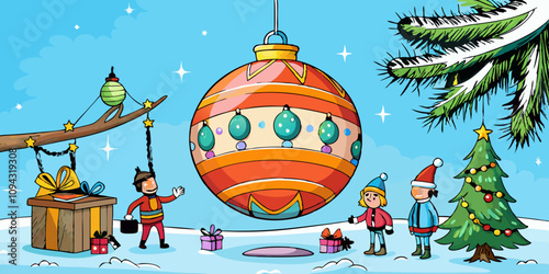 Massive festive ornament with characters decorating and admiring its shine hanging from large branch in holiday setting. Festive decoration shining under light blue and white background.

