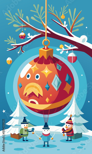 Massive festive ornament with characters decorating and admiring its shine hanging from large branch in holiday setting. Festive decoration shining under light blue and white background.

