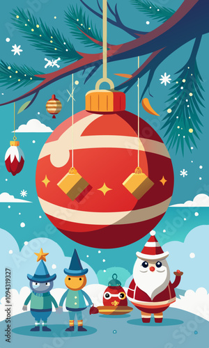 Massive festive ornament with characters decorating and admiring its shine hanging from large branch in holiday setting. Festive decoration shining under light blue and white background.

