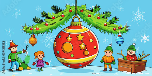 Massive festive ornament with characters decorating and admiring its shine hanging from large branch in holiday setting. Festive decoration shining under light blue and white background.

