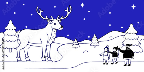 Line art of a gigantic reindeer standing in a snowy landscape, majestic winter scene. A massive reindeer in snowy forest, winter nature illustration.
