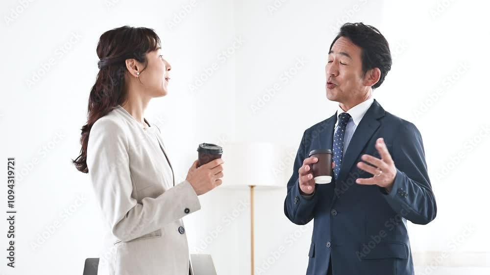 Businessman having a coffee break in his office and talking standing up Video with images of managers and executives Businessman having a coffee break in his office and talking standing up Video with images of managers and executives
