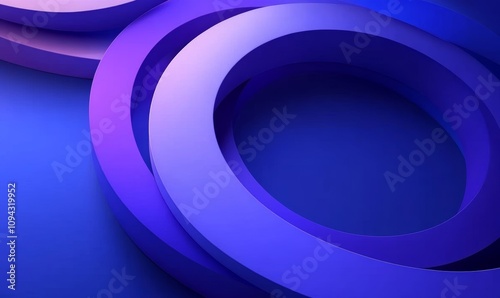Abstract 3D Render of Overlapping Circular Shapes in Purple and Blue Gradients with Glossy Textures