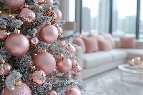 A pink and rose gold Christmas tree with a leopard print and pink baubles stands in a modern white living room interior