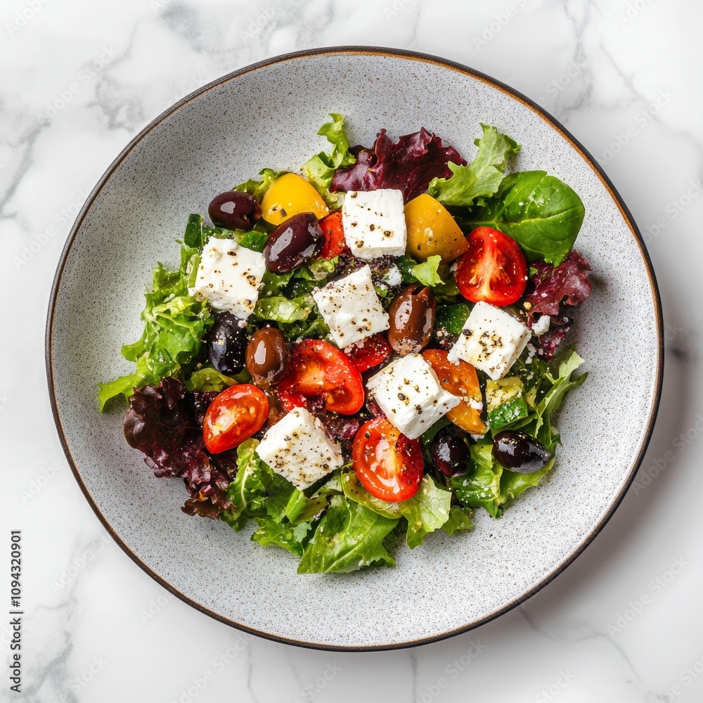 Greek Salad with Fetta and Olives on White Marble Greek Salad with Fetta and Olives on White Marble