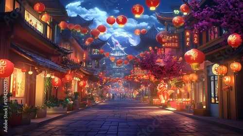 A Festive Night in a Lantern-Lit Chinese Town. AI Generated